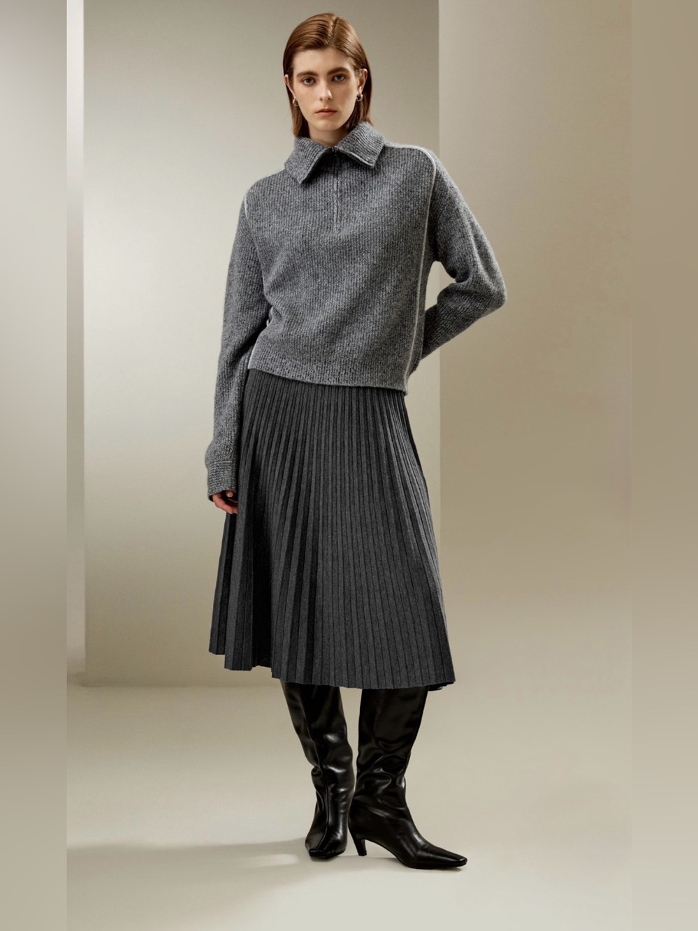 Pleated Midi Skirt in Charcoal Gray